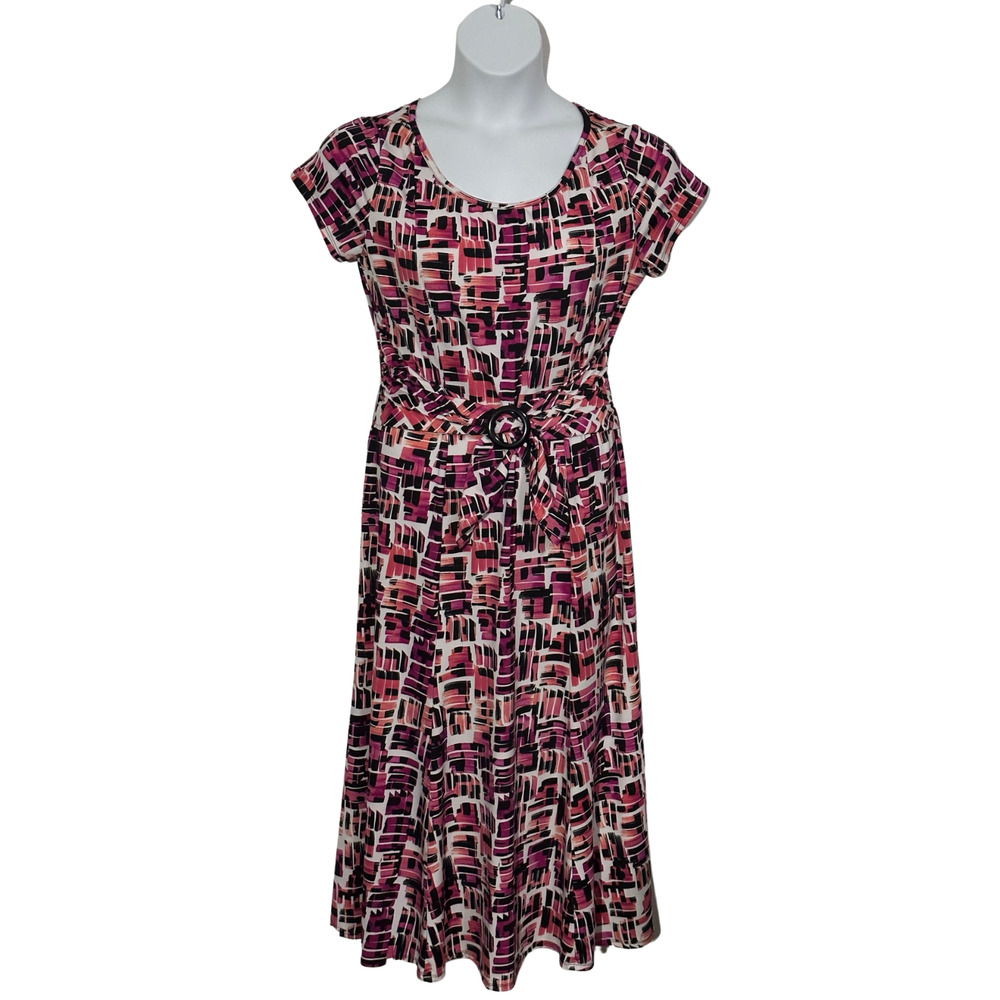 Women's size lg short sleeve pink, black multi colored A-line dress